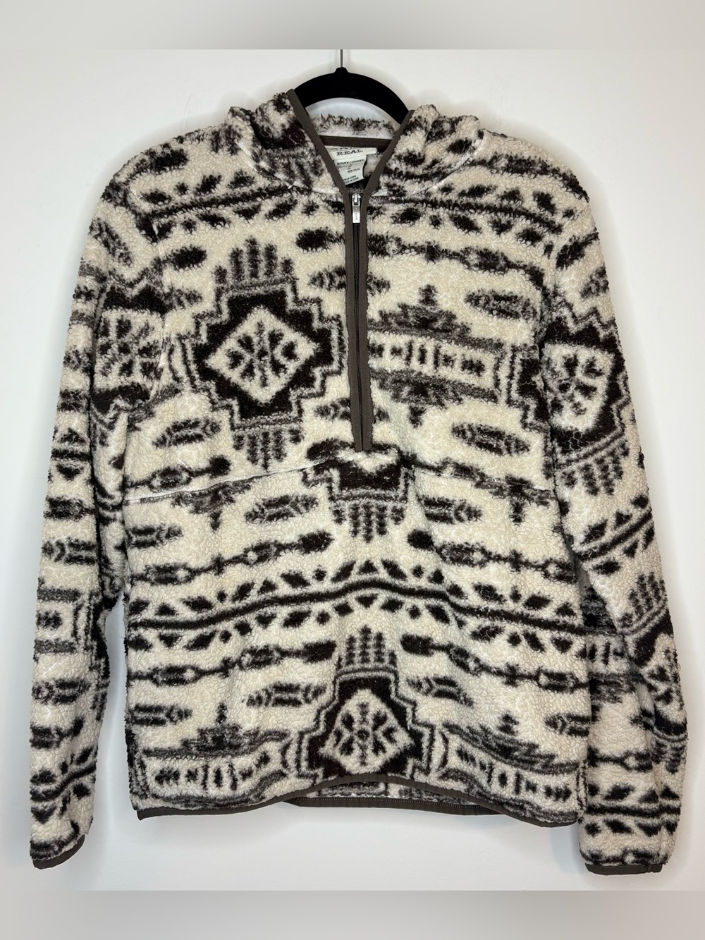 Ariat Real Berber Aztec Hooded Pullover Cream&Brown Fleece Half Zip Jacket Med